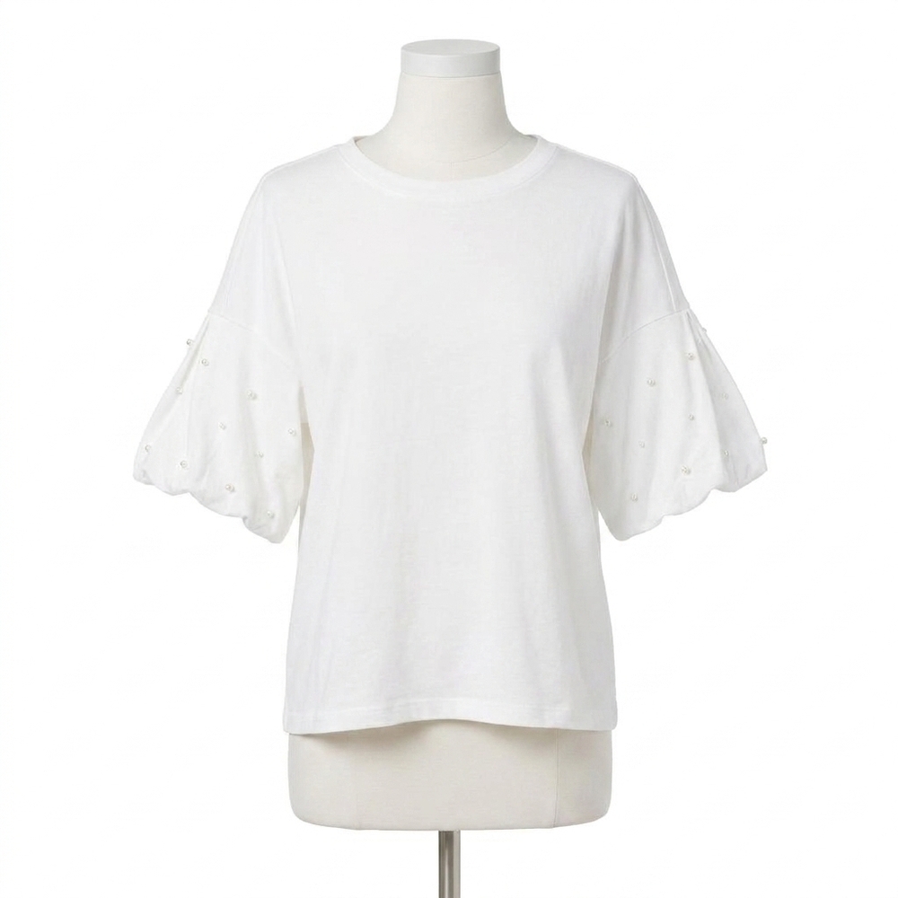 NEW COCO + CARMEN camille top with pearl puff sleeve in white
